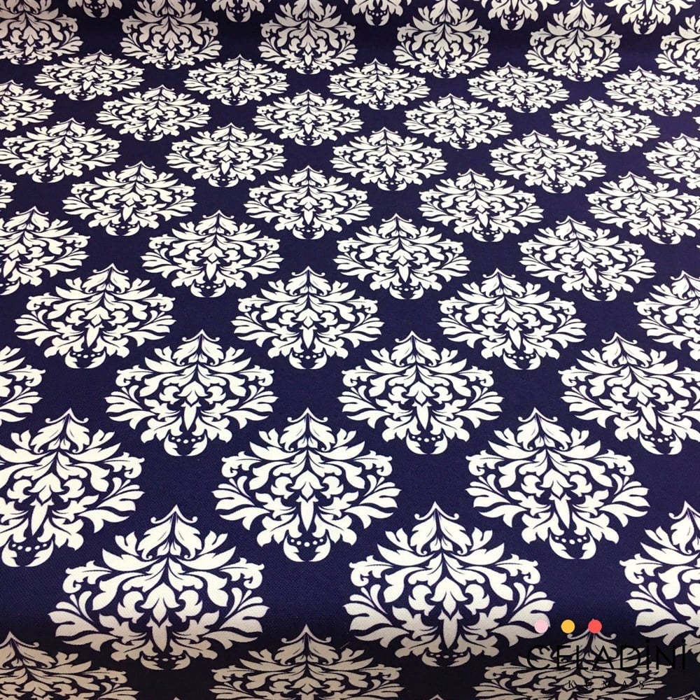 Lacivert Beyaz Damask Desenli Kumaş