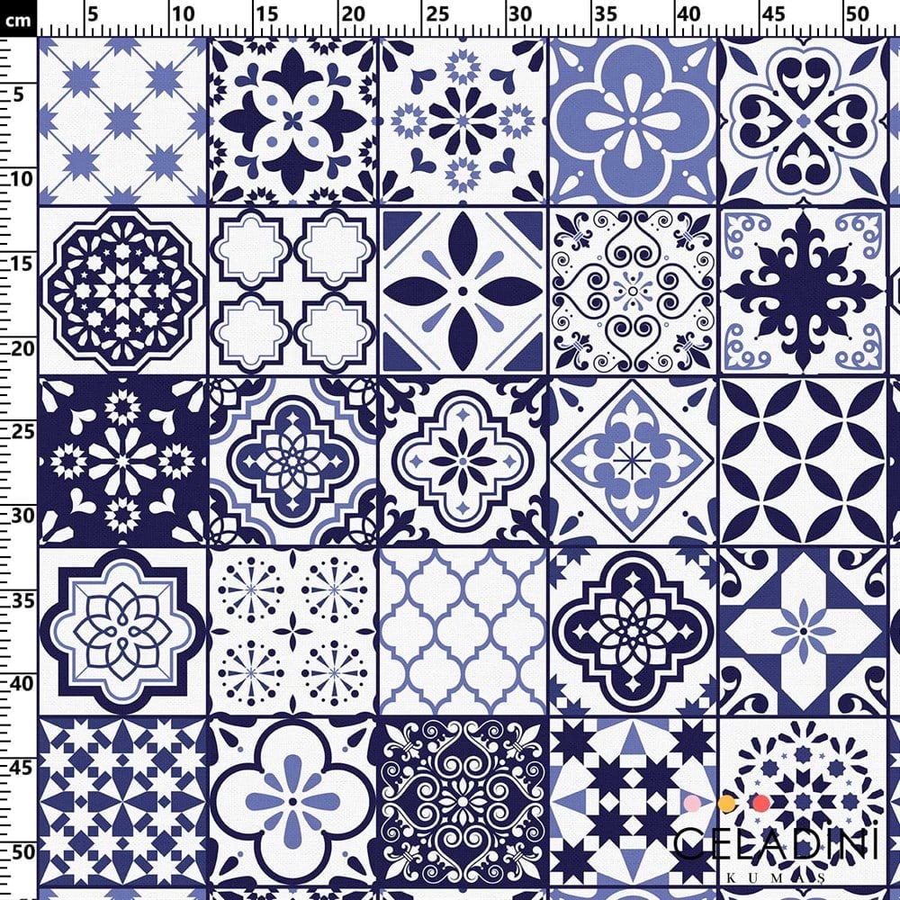 Lacivert Fayans Desenli Kumaş