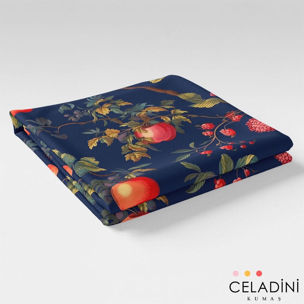 Lacivert Fon Vintage Meyve Bahçesi Desenli Kumaş