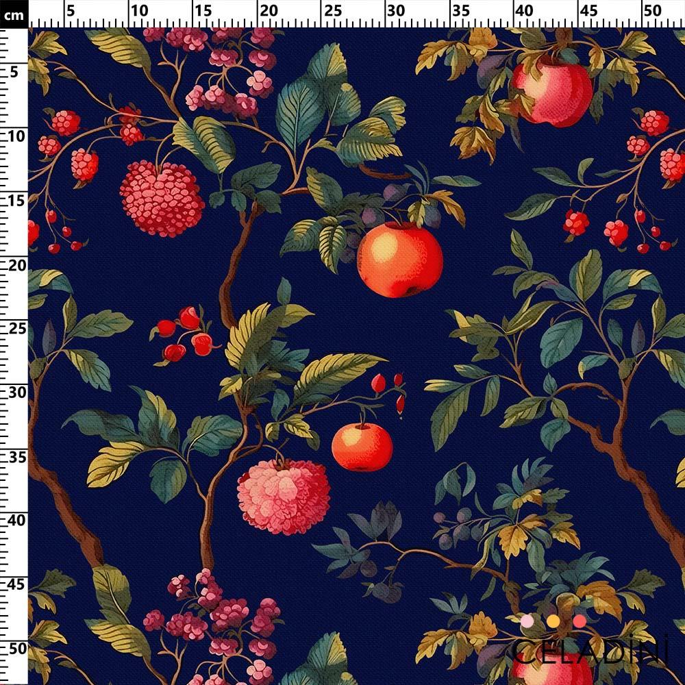 Lacivert Fon Vintage Meyve Bahçesi Desenli Kumaş