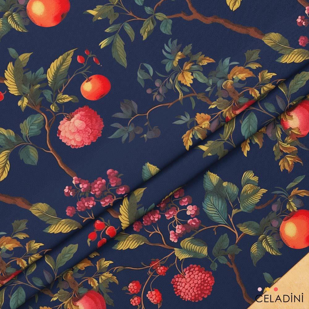 Lacivert Fon Vintage Meyve Bahçesi Desenli Kumaş