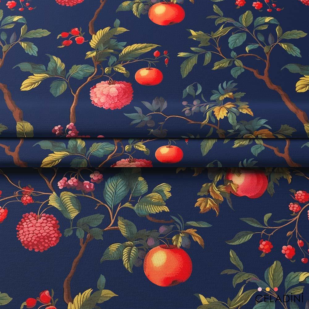 Lacivert Fon Vintage Meyve Bahçesi Desenli Kumaş