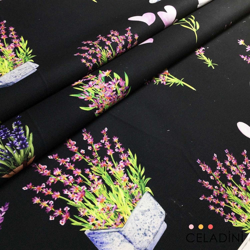 Lavanta Çiçekli Saksı Desenli Kumaş