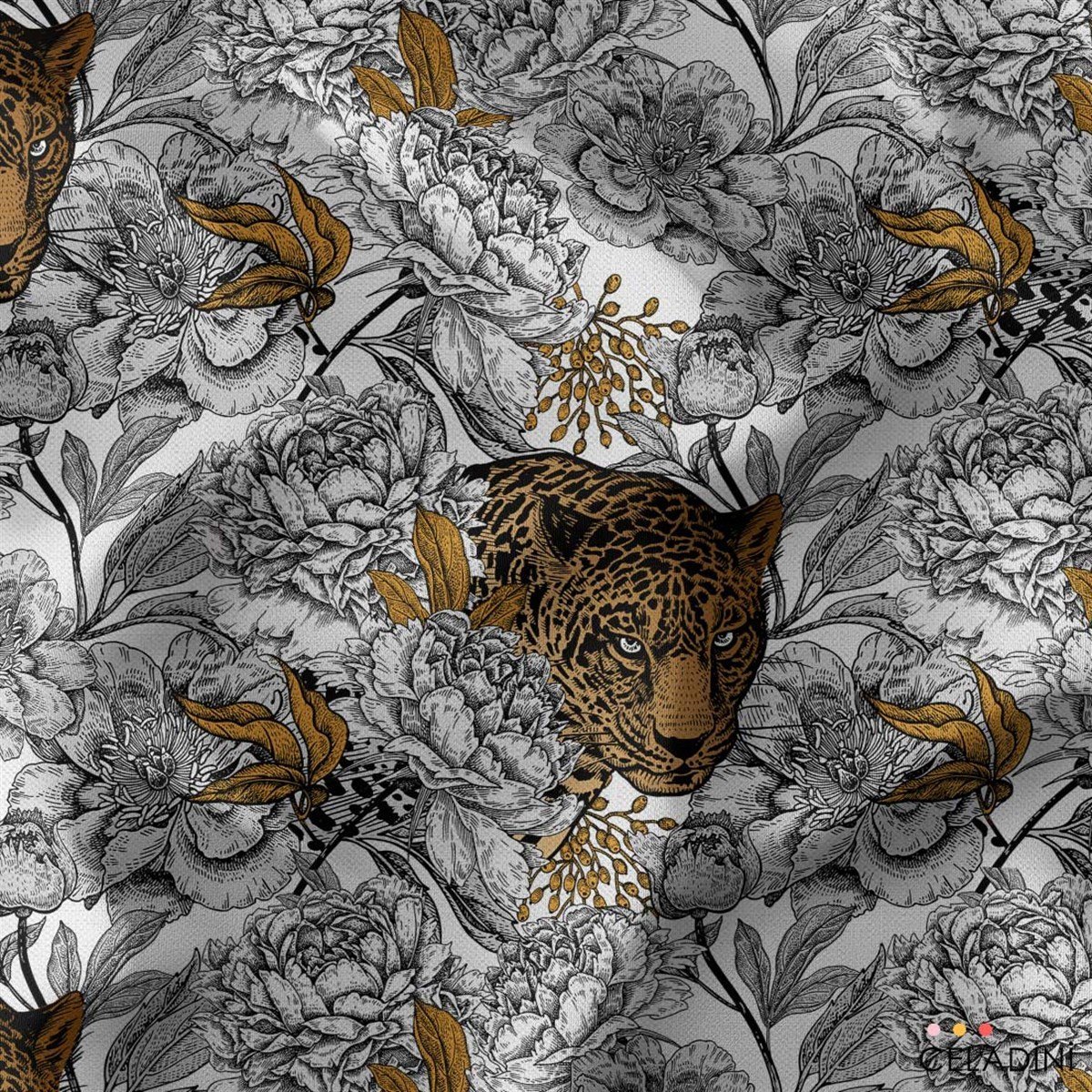 Leopar ve Çiçekler Desenli Kumaş