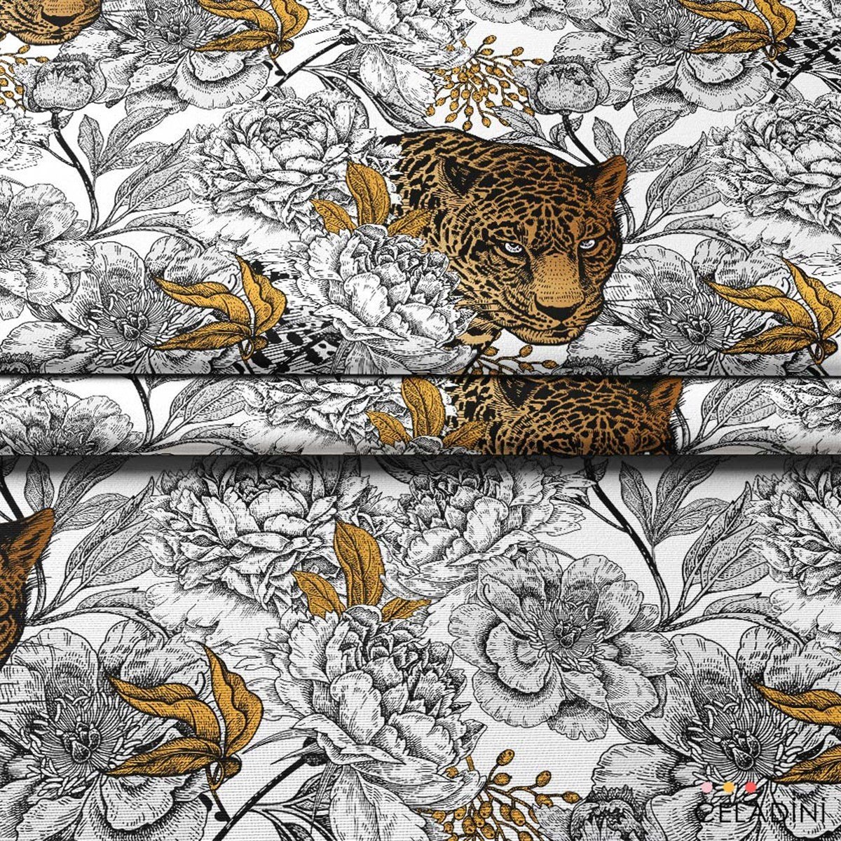 Leopar ve Çiçekler Desenli Kumaş