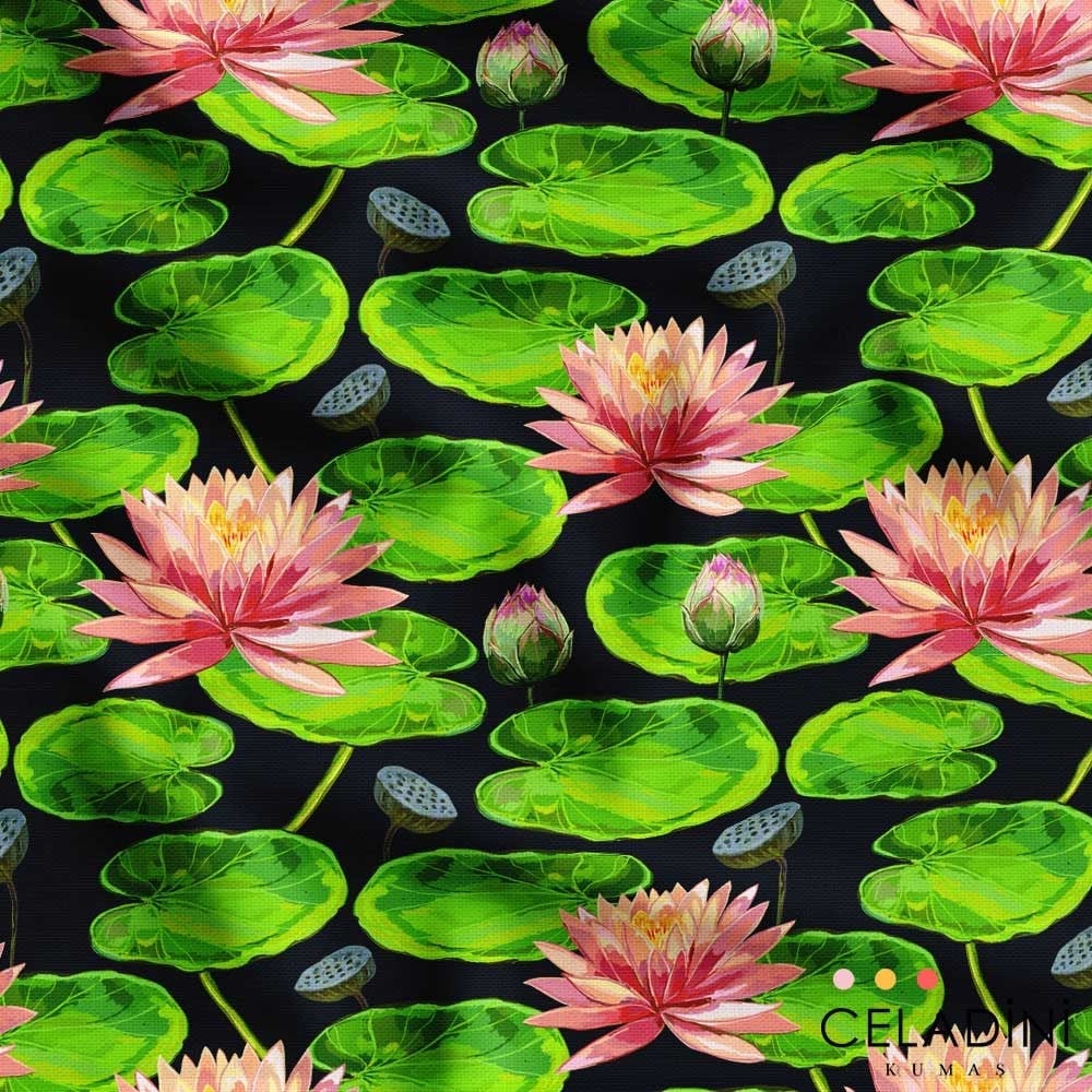 Lotus Çiçekleri ve Yaprakları Desenli Kumaş
