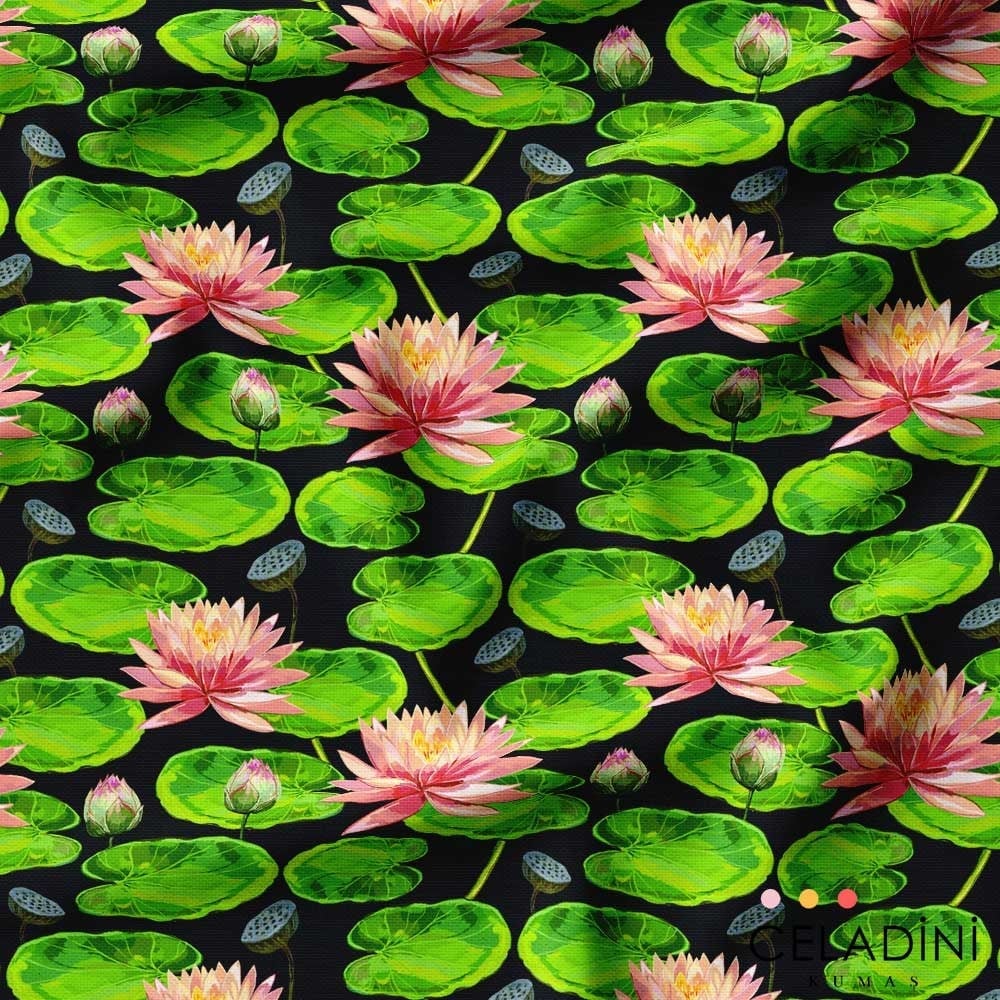Lotus Çiçekleri ve Yaprakları Desenli Kumaş