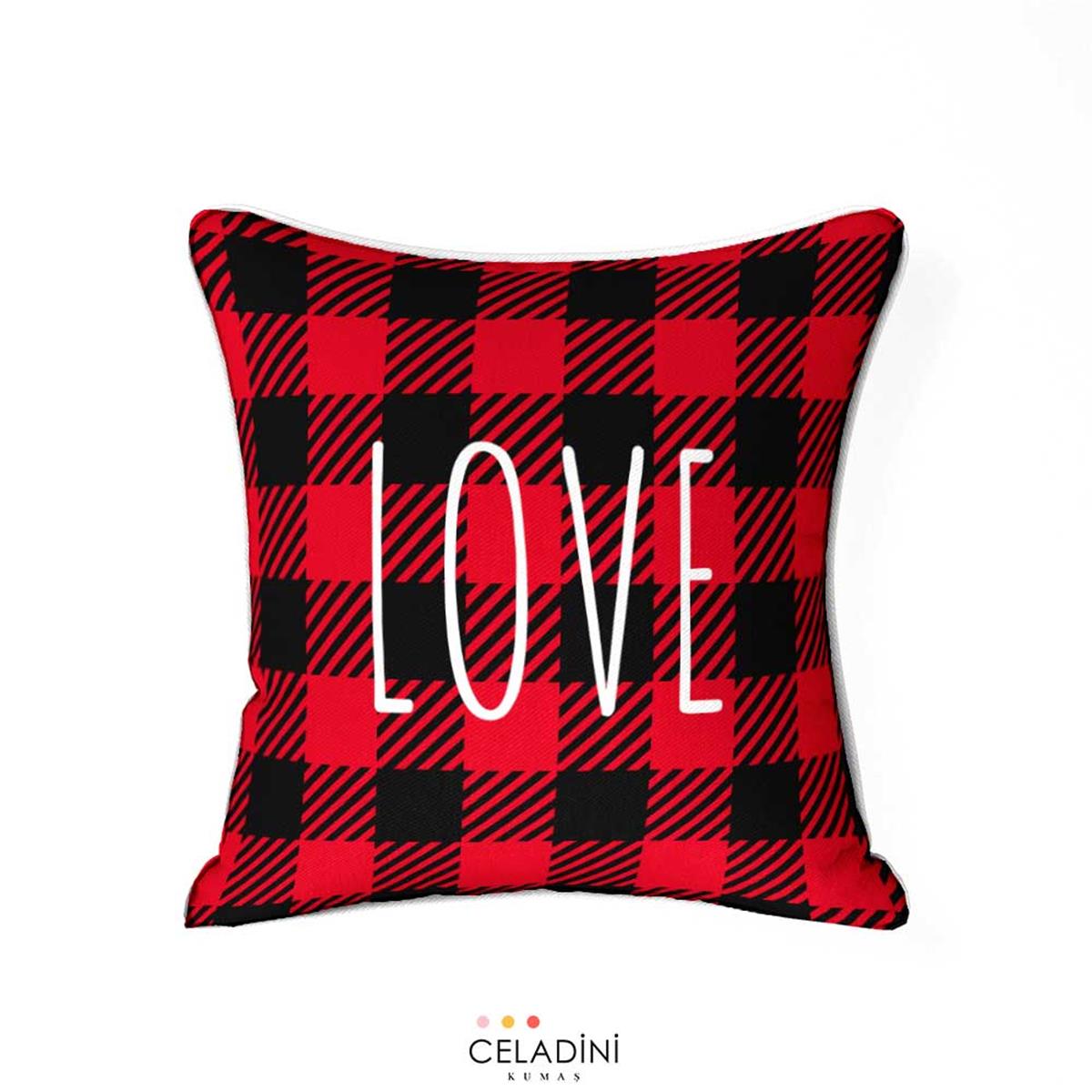 Love Yazılı Ekose Kırlent Kumaşı