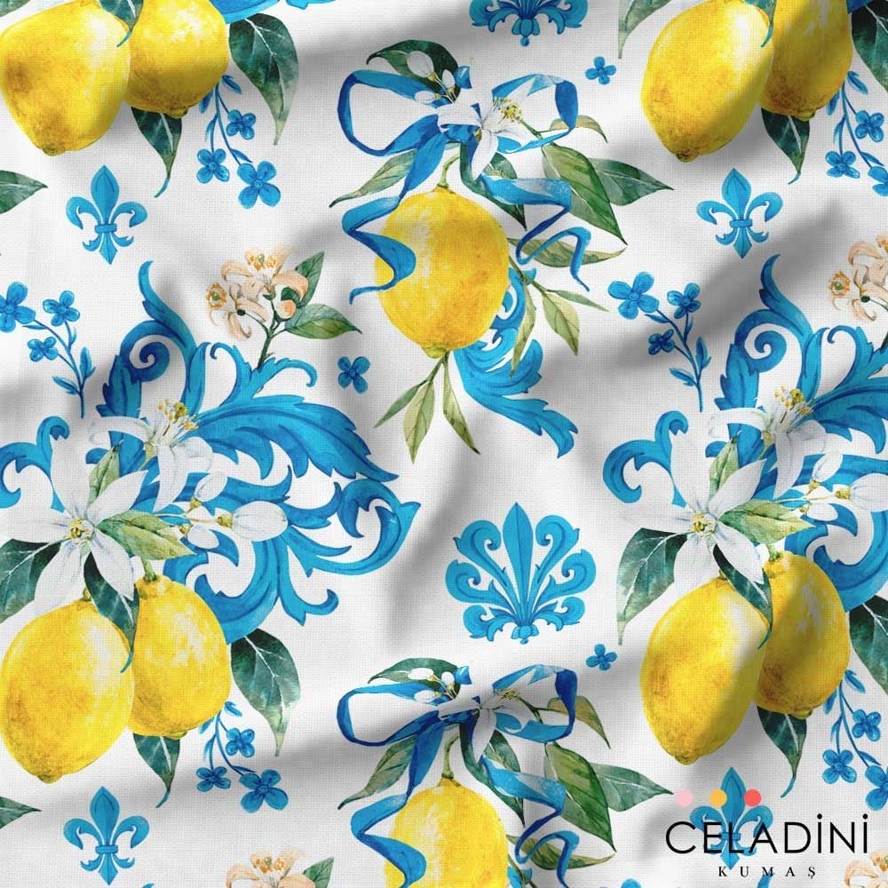 Mavi Barok Süslemeli Limon Desenli Kumaş