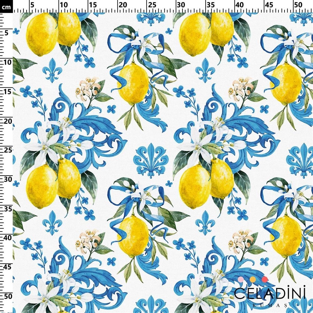 Mavi Barok Süslemeli Limon Desenli Kumaş