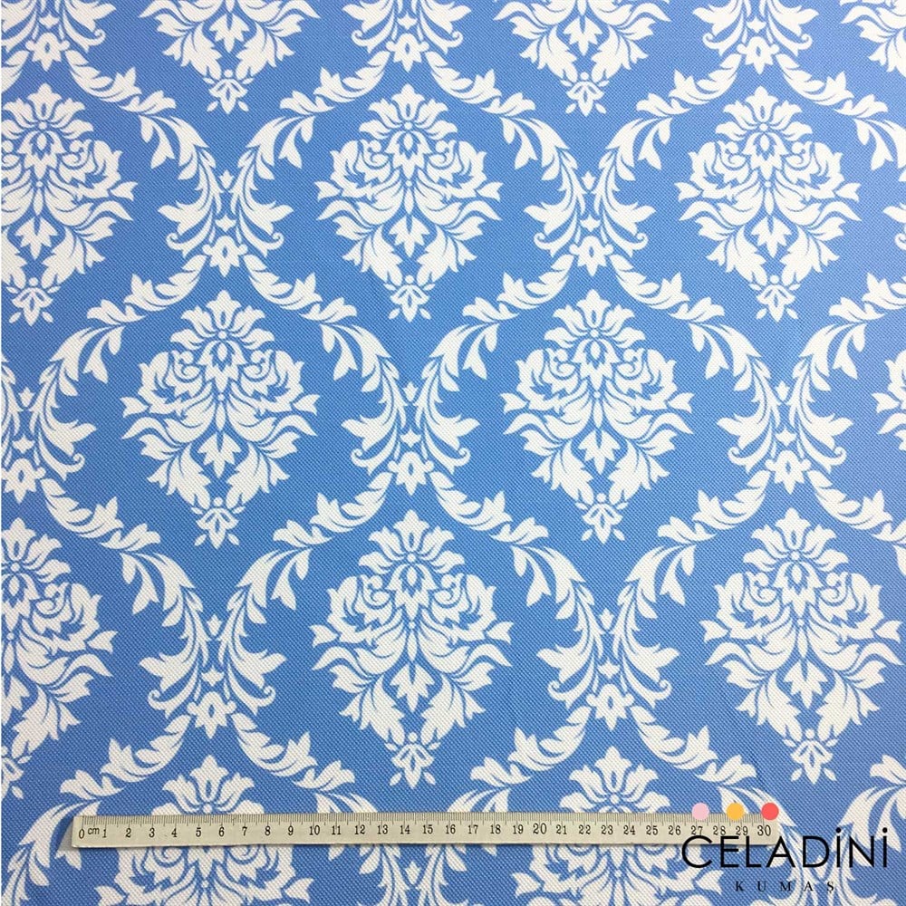 Mavi Beyaz Büyük Damask Desenli Kumaş