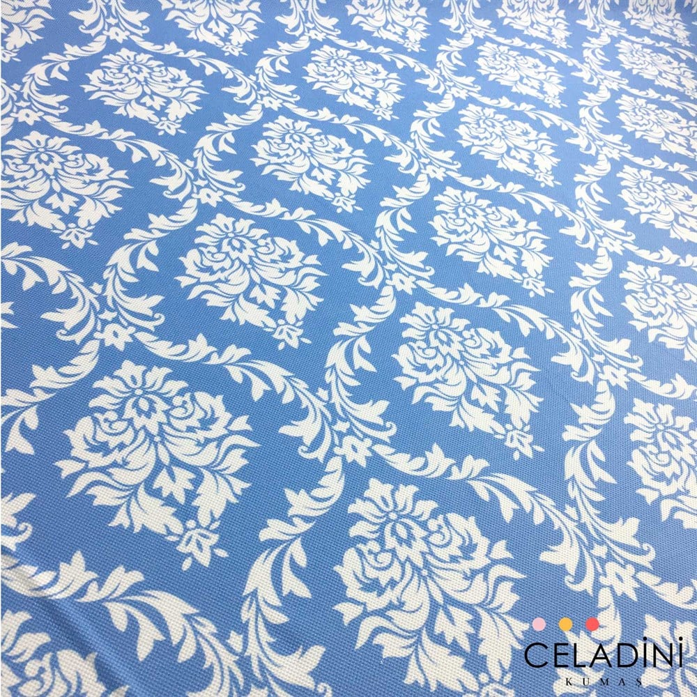 Mavi Beyaz Büyük Damask Desenli Kumaş