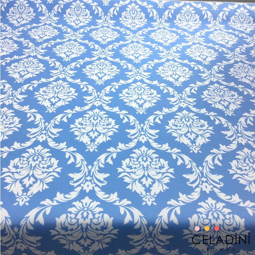 Mavi Beyaz Büyük Damask Desenli Kumaş