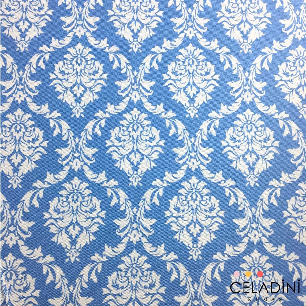 Mavi Beyaz Büyük Damask Desenli Kumaş