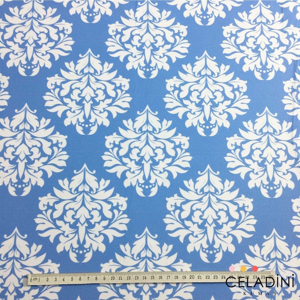 Mavi Beyaz Damask Desenli Kumaş