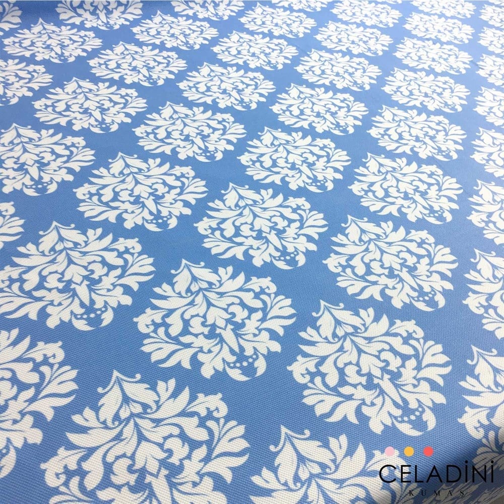 Mavi Beyaz Damask Desenli Kumaş
