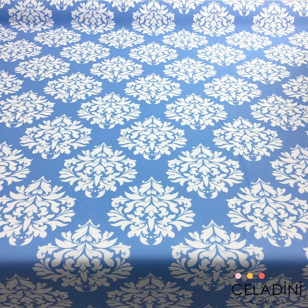 Mavi Beyaz Damask Desenli Kumaş