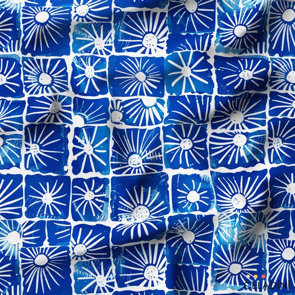 Mavi Beyaz Eskitme Denizci Patchwork Desenli Kumaş