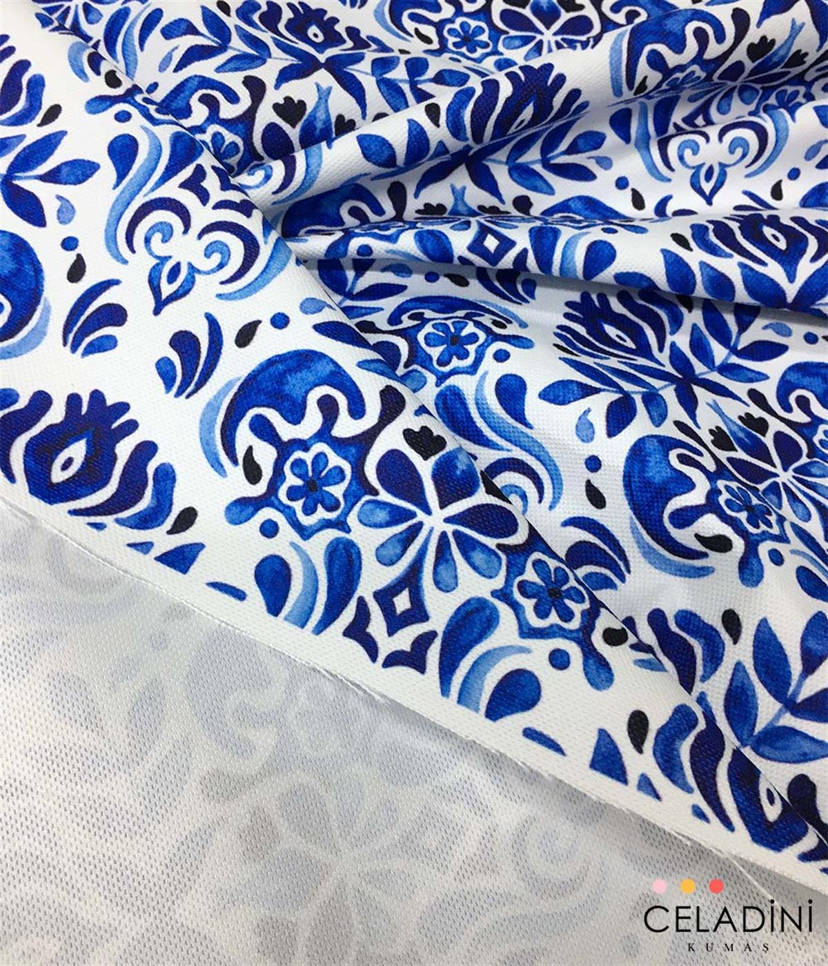 Mavi Çini Damask Desenli Kumaş 