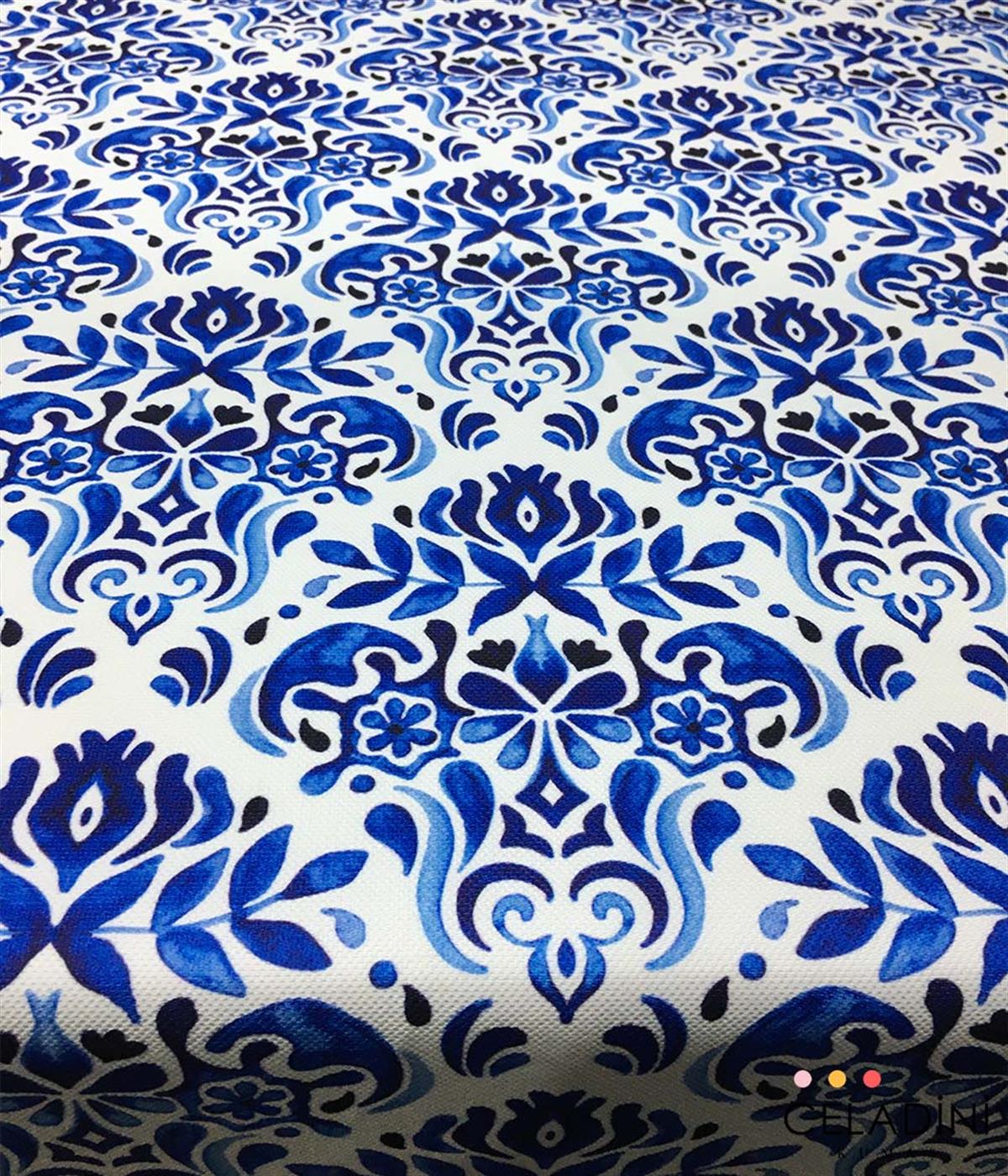 Mavi Çini Damask Desenli Kumaş 