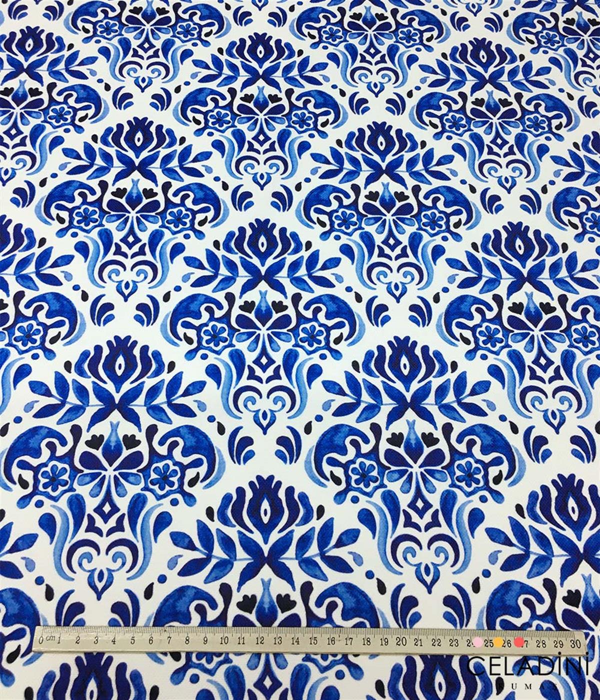 Mavi Çini Damask Desenli Kumaş 