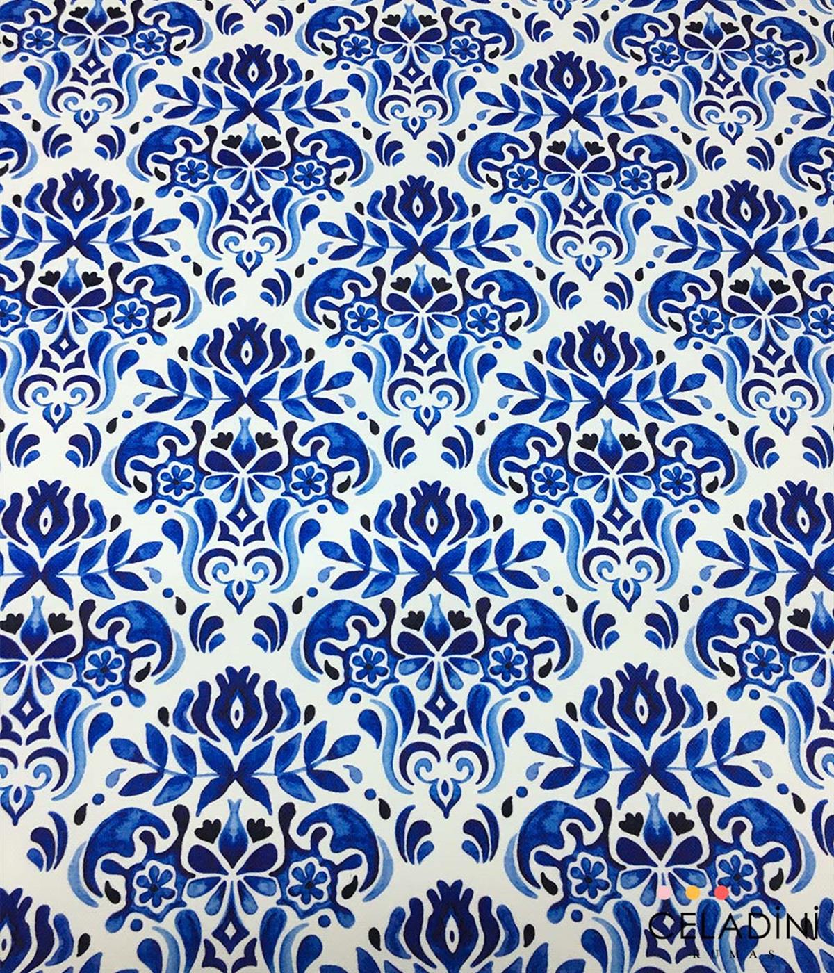 Mavi Çini Damask Desenli Kumaş 
