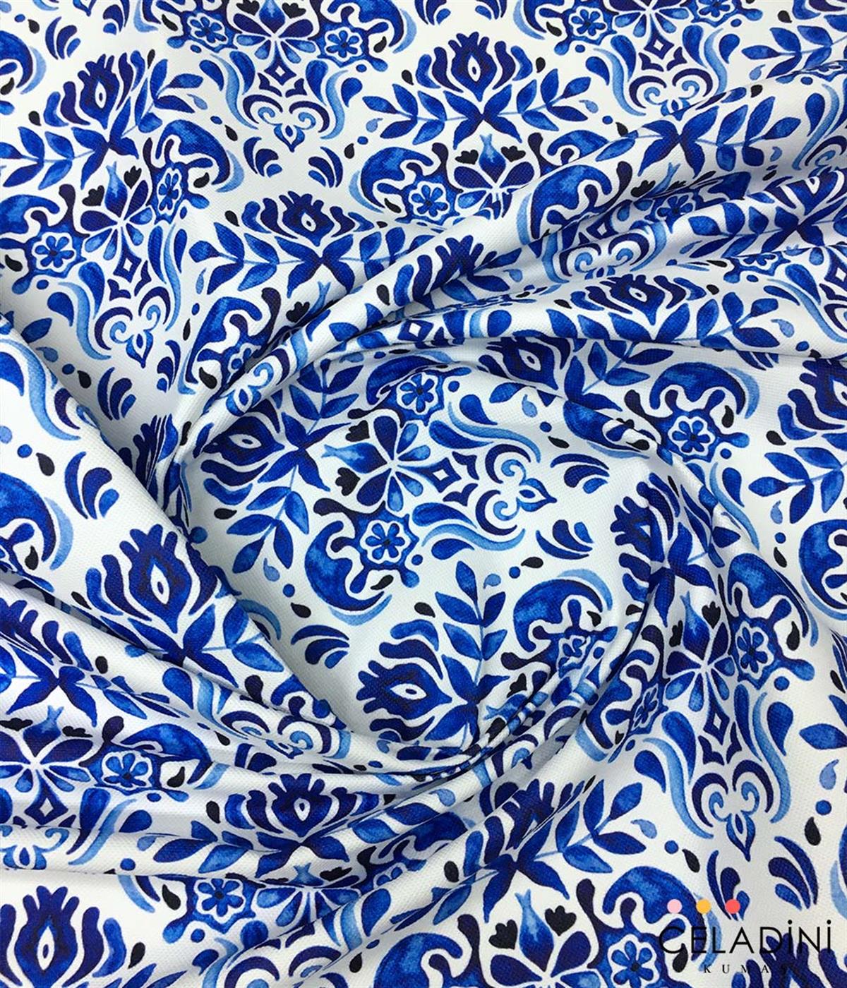 Mavi Çini Damask Desenli Kumaş 