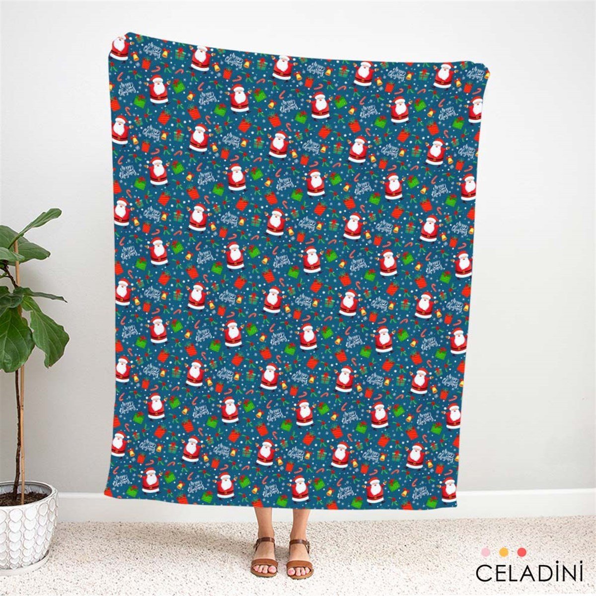 Mavi Fon Noel Baba Desenli Yılbaşı Kumaşı