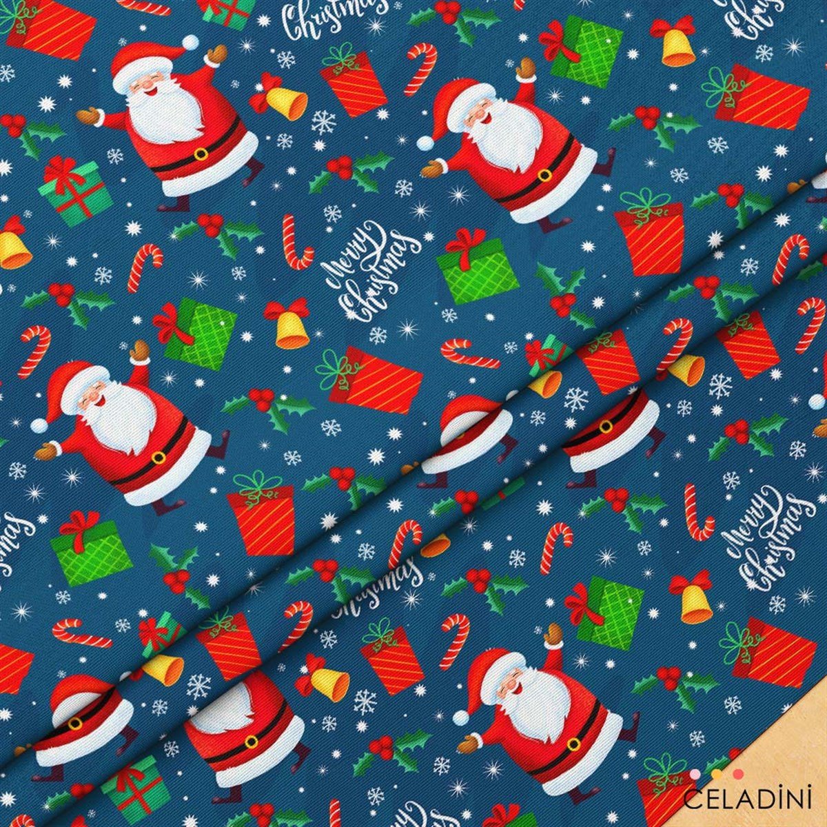 Mavi Fon Noel Baba Desenli Yılbaşı Kumaşı