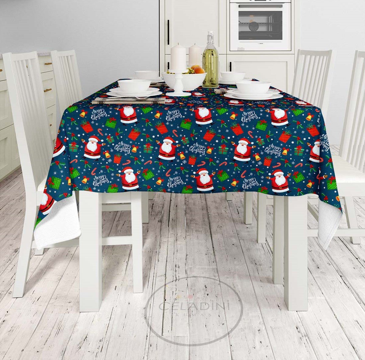 Mavi Fon Noel Baba Desenli Yılbaşı Kumaşı