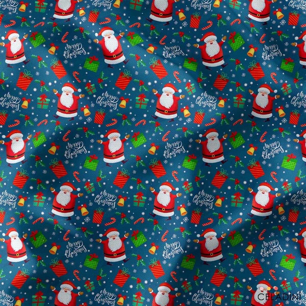 Mavi Fon Noel Baba Desenli Yılbaşı Kumaşı