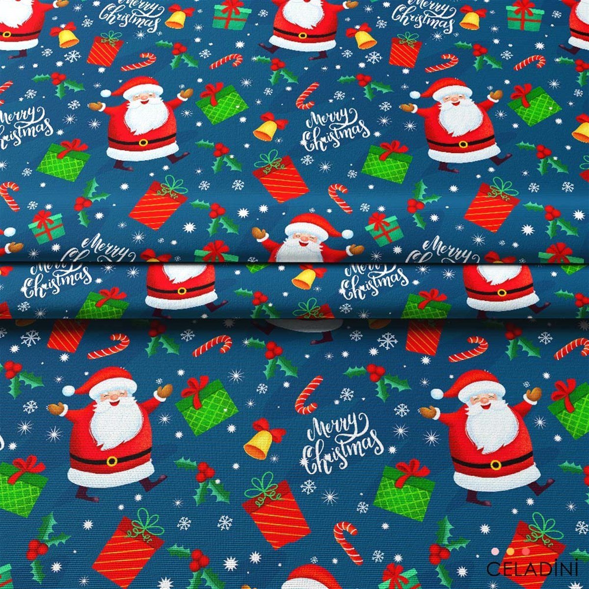 Mavi Fon Noel Baba Desenli Yılbaşı Kumaşı
