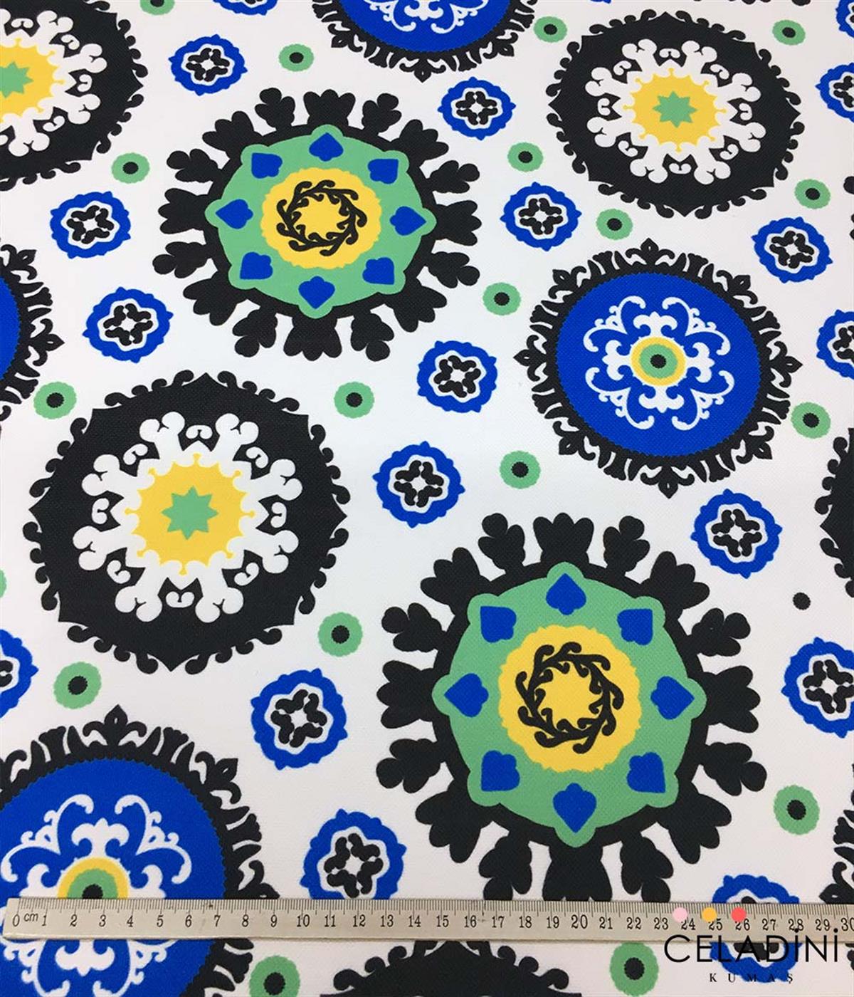 Mavi Siyah Özbek Çiçek Desenli Kumaş