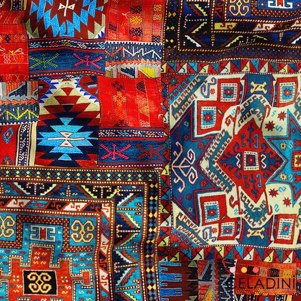 Mavili Kilim Desenli Kumaş