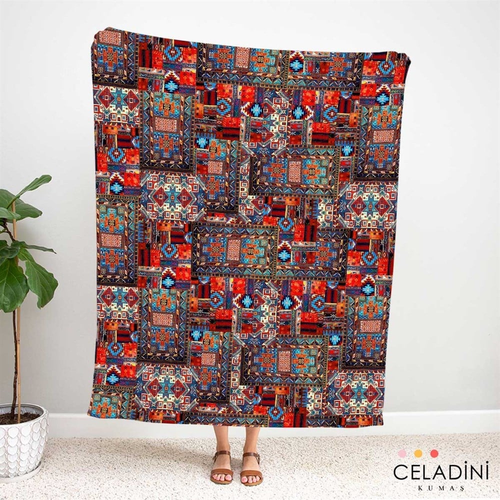Mavili Kilim Desenli Kumaş