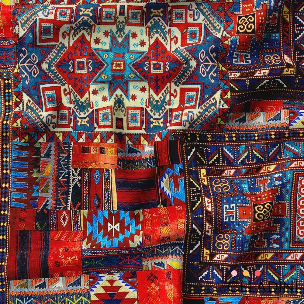 Mavili Kilim Desenli Kumaş