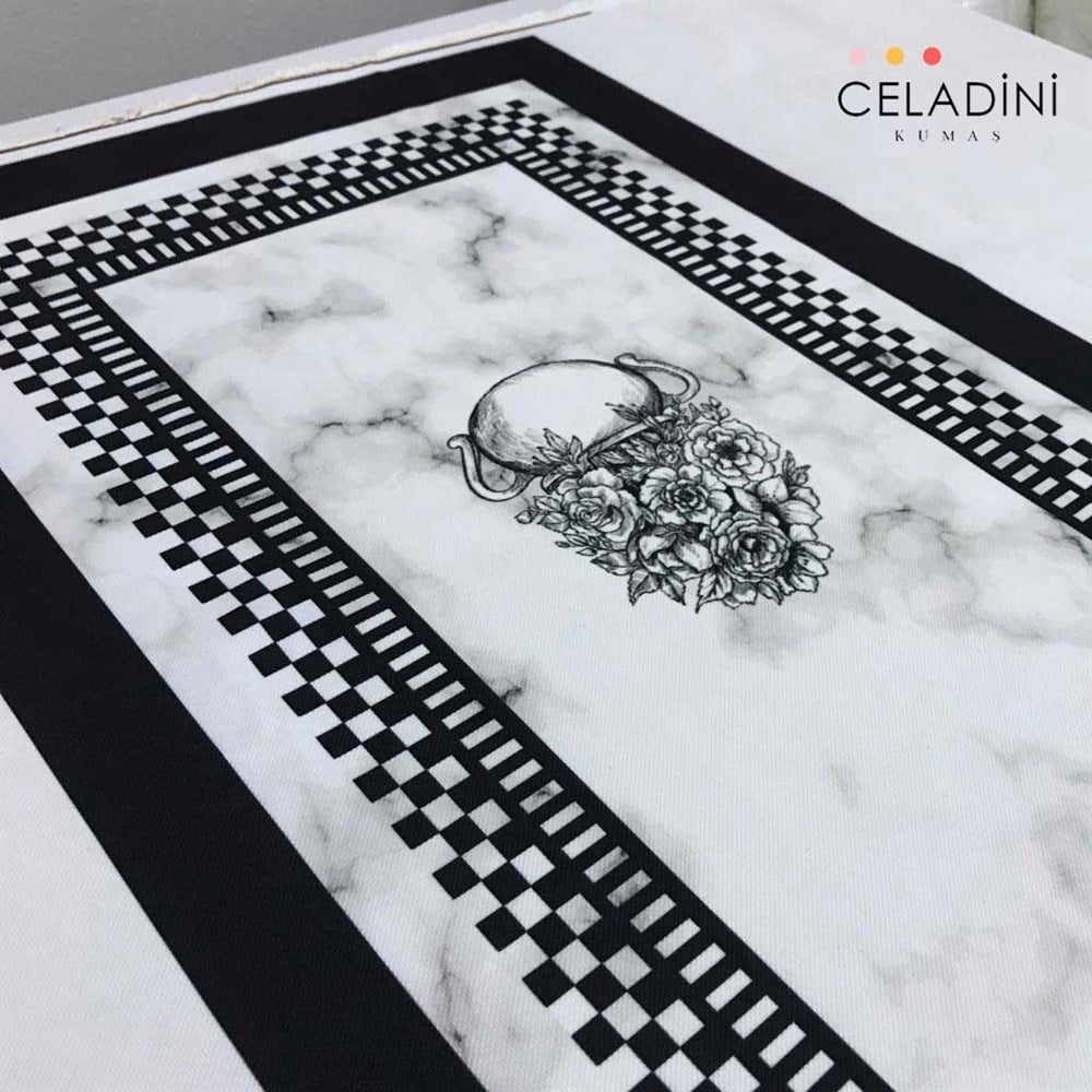 Mermer Efektli Vintage Vazo Desenli Runner Kumaşı