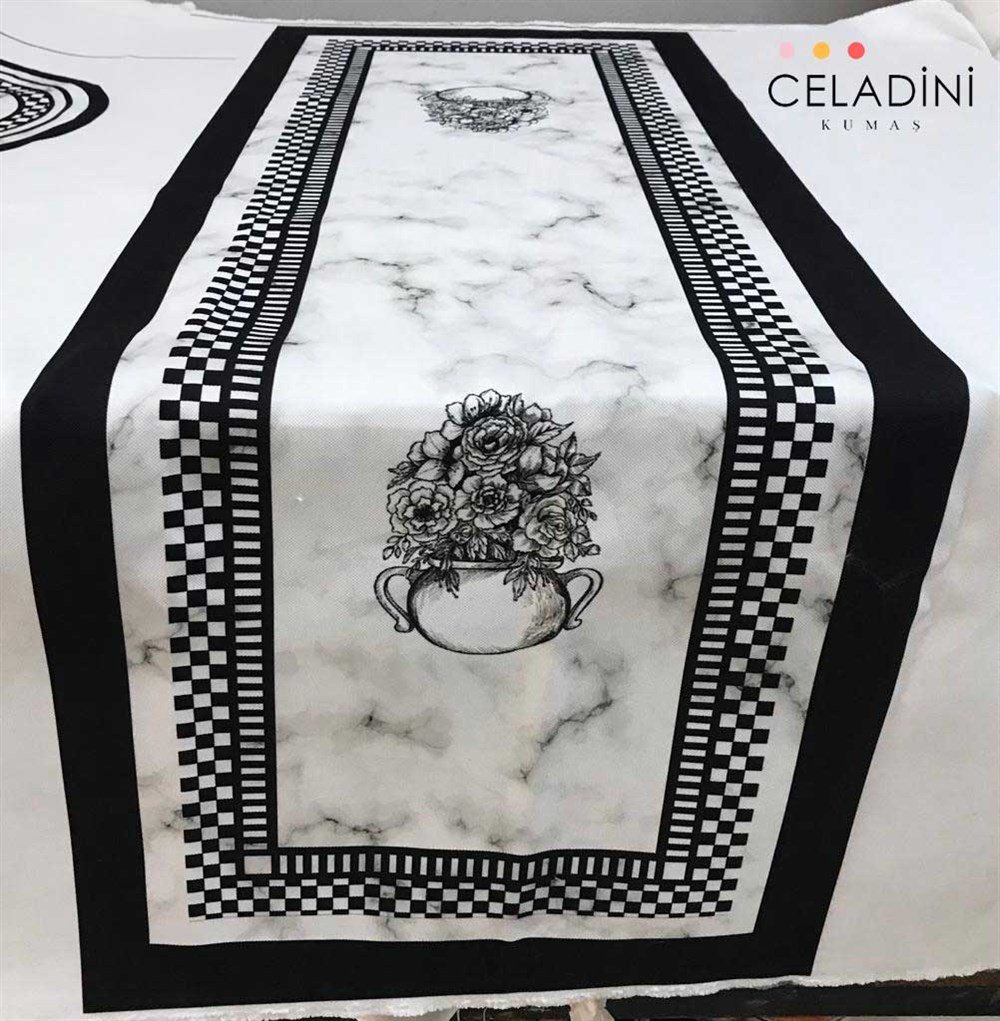 Mermer Efektli Vintage Vazo Desenli Runner Kumaşı