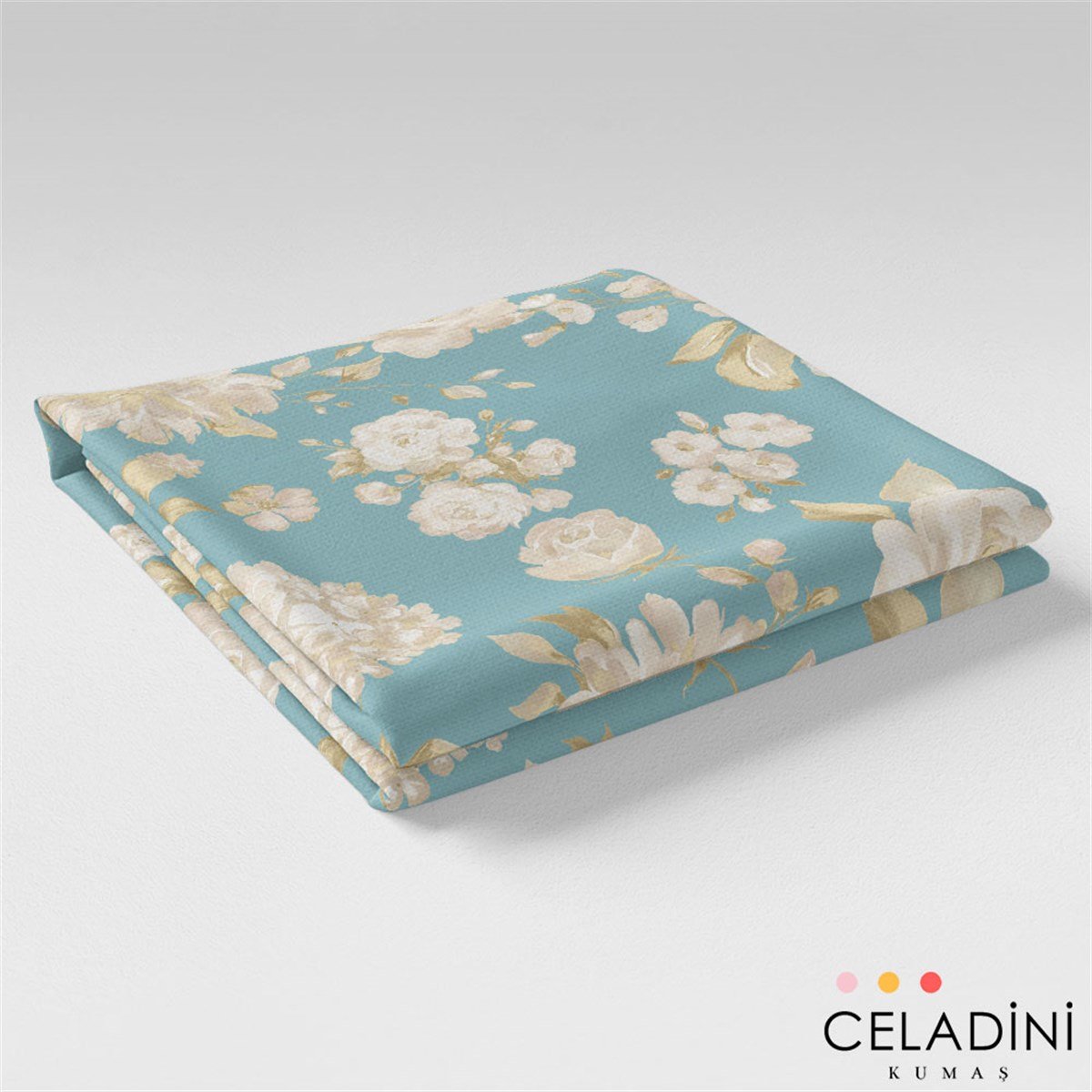 Mint Zemin Gold Çiçekler Desenli Kumaş
