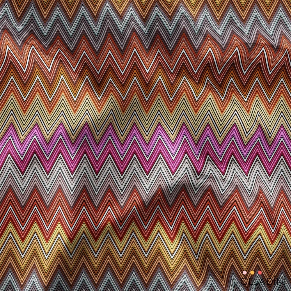 Missoni Tarzı Renk Geçişli Fuşya Kahve Zigzag Kumaş