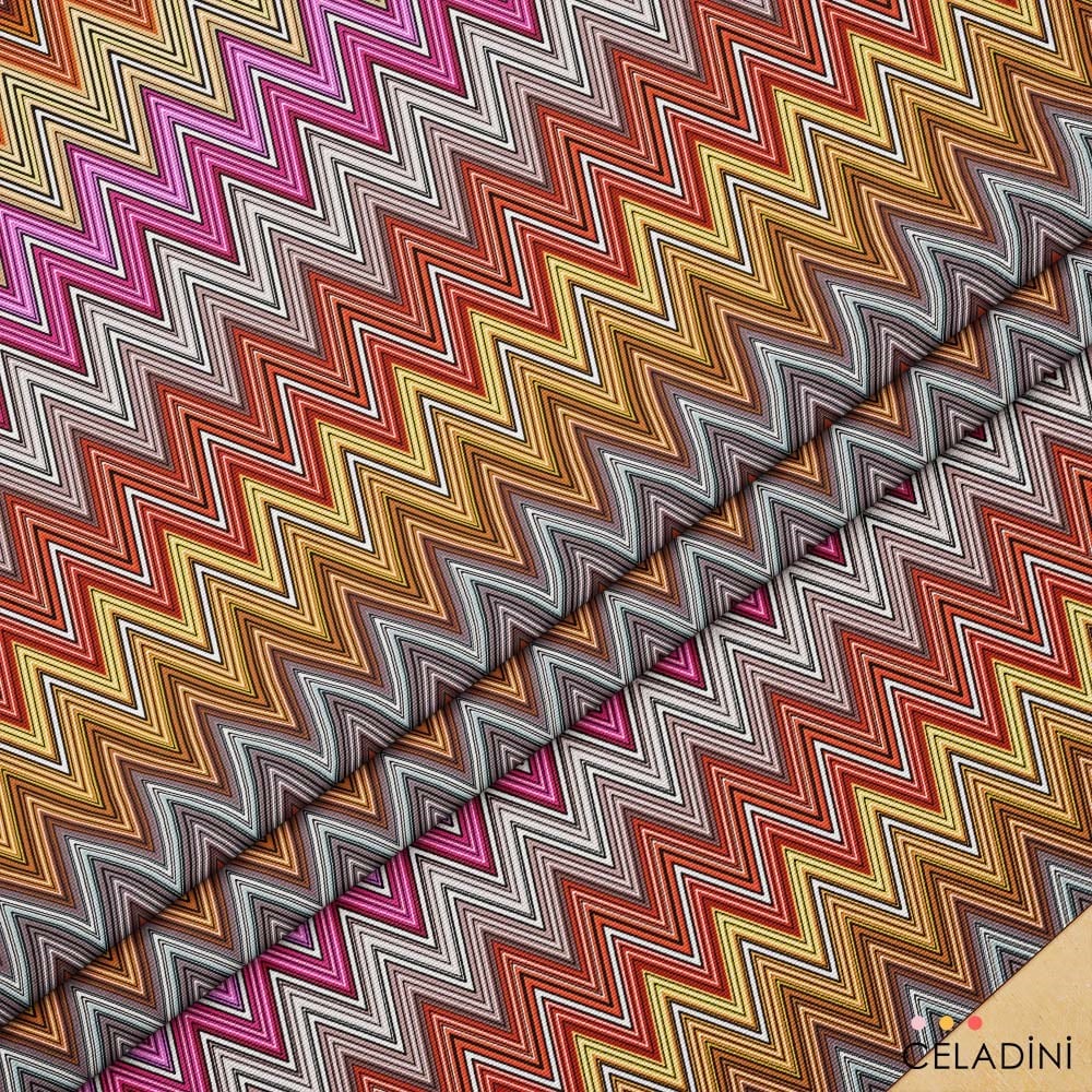 Missoni Tarzı Renk Geçişli Fuşya Kahve Zigzag Kumaş