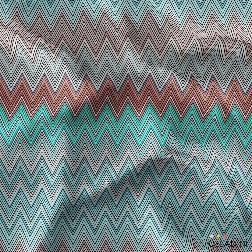 Missoni Tarzı Turkuaz-Bordo Renk Geçişli Zigzag Kumaş