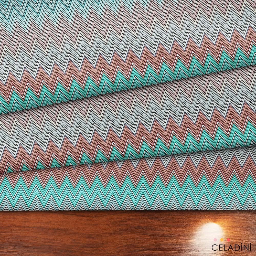 Missoni Tarzı Turkuaz-Bordo Renk Geçişli Zigzag Kumaş
