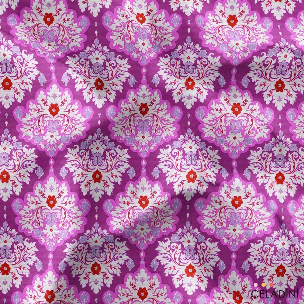 Modern Damask Çiçek Desenli Kumaş (Pembe)