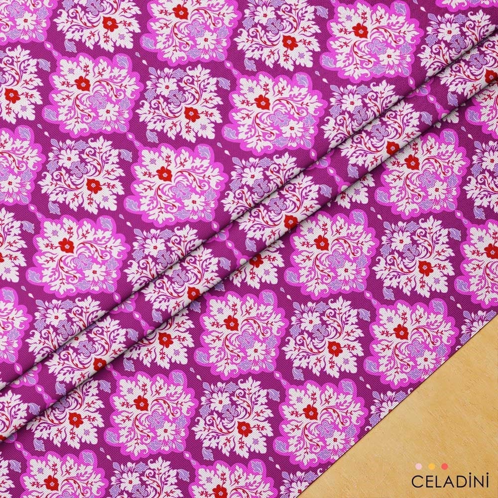Modern Damask Çiçek Desenli Kumaş (Pembe)