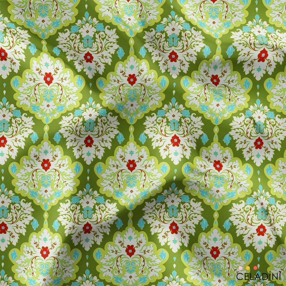 Modern Damask Çiçek Desenli Kumaş (Yeşil)