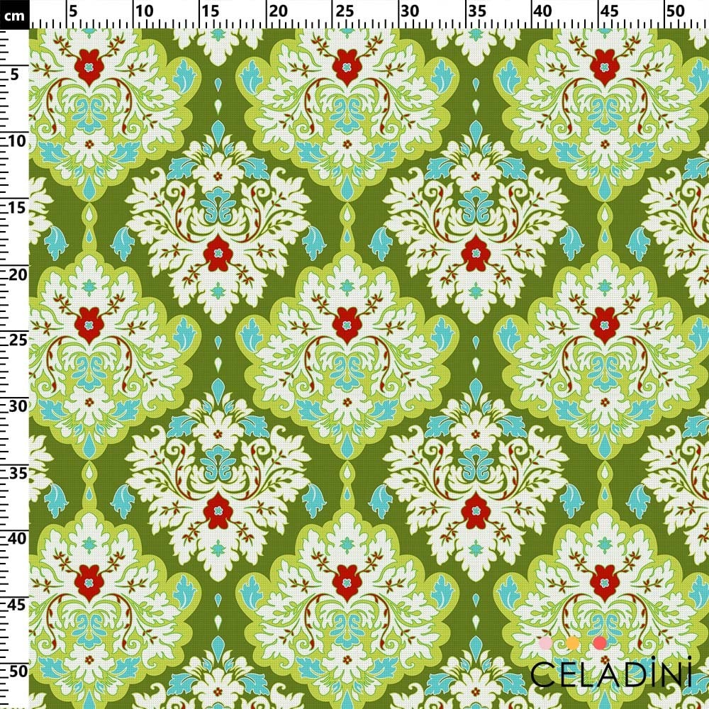 Modern Damask Çiçek Desenli Kumaş (Yeşil)