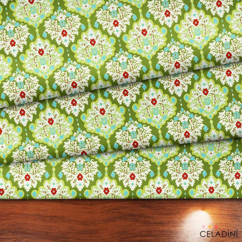 Modern Damask Çiçek Desenli Kumaş (Yeşil)