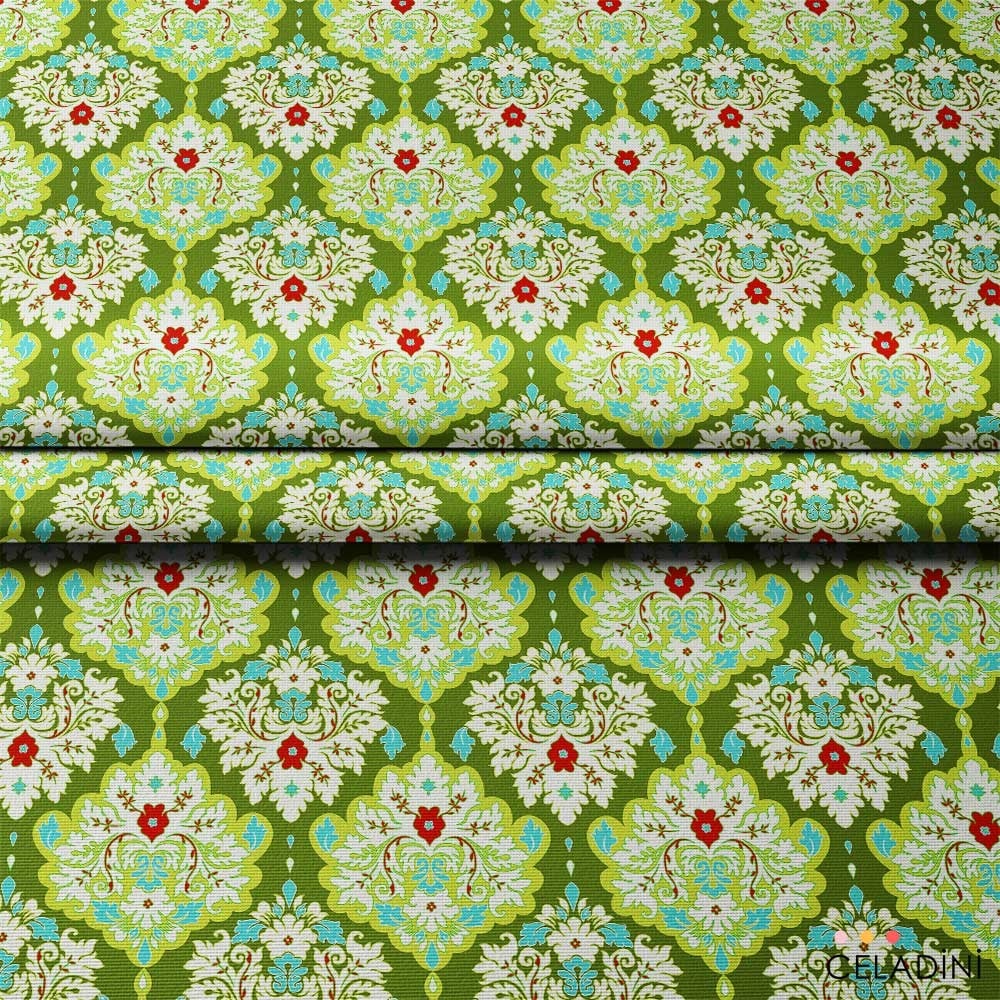 Modern Damask Çiçek Desenli Kumaş (Yeşil)