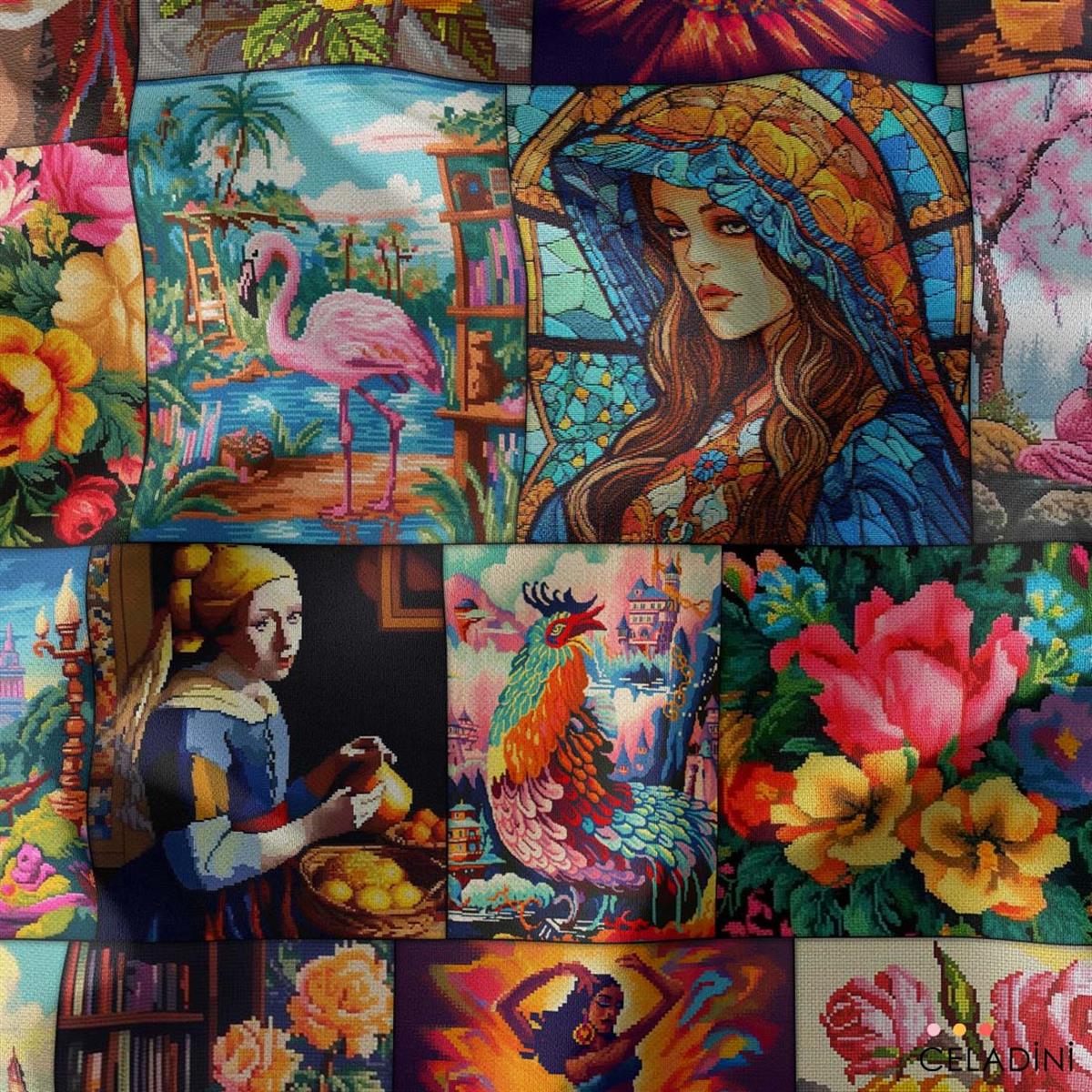 Modern Goblen Patchwork Desenli Kumaş
